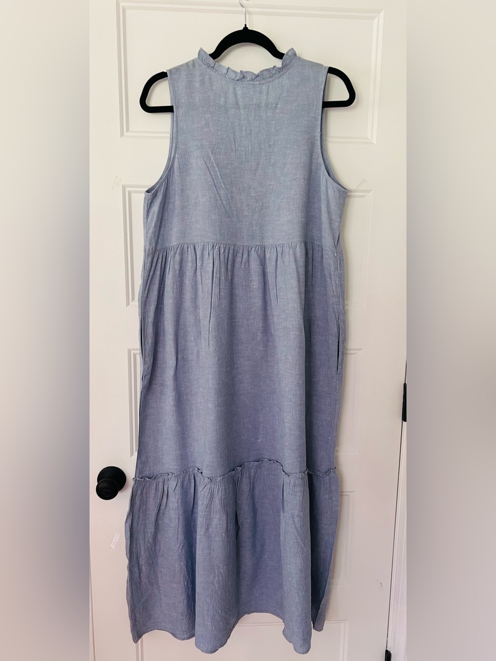 J.Jill Blue Linen Blend Ruffle Trim Tiered Midi Dress M Scandi Minimal Coastal - Picture 5 of 8